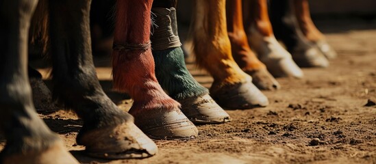 Hammered hooves of different-colored horse legs, shown in close-up. - obrazy, fototapety, plakaty