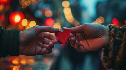Two hands connect holding a red heart, symbolizing love and warmth in a cold, festive atmosphere. - obrazy, fototapety, plakaty
