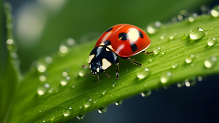 Obraz premium Ladybug on a Dewy Leaf