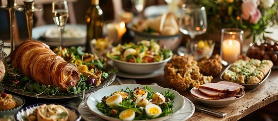 Easter brunch with salad, quail eggs, stuffed eggs, ham rolls, and pastries on a festive table. - obrazy, fototapety, plakaty