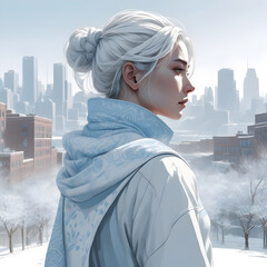 A woman look out pondering against a city in the winter