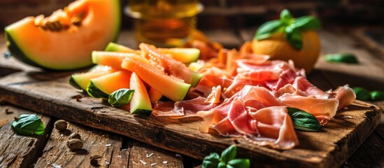 Italian appetizers with prosciutto and honeydew melon on a wooden board.