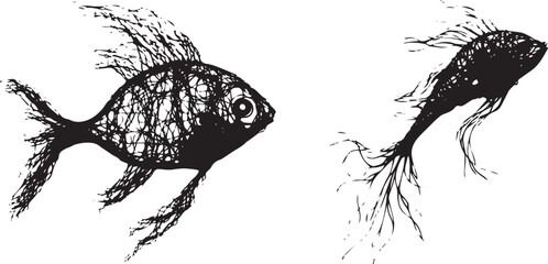 Hand drawn sketch of a fish with a pencil silhouette vector illustration - obrazy, fototapety, plakaty