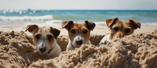 Jack Russell dogs dig hole at beach on summer holiday, with ocean in the background.