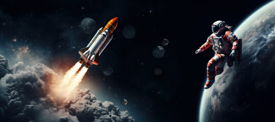 Launching a rocket into outer space. An astronaut watches a rocket launch from another planet. - Powered by Adobe