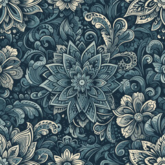 Fototapeta na wymiar Free vector seamless floral pattern on uniform background. ornament darkcyan, design fabric art, fashion contour