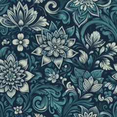 Wandcirkels aluminium Free vector seamless floral pattern on uniform background. ornament darkcyan, design fabric art, fashion contour © MdAbdullah