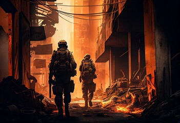 Soldiers patrol flaming post-apocalyptic city slums. Generative AI - obrazy, fototapety, plakaty