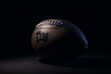 NFL ball on black background highlighted by light. Generative AI