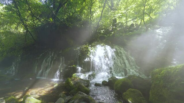 Cinematic gimbal shot of misty Mototaki Fukuryusui Underflow waterfalls in Akita prefecture in Japan