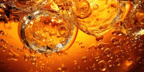 This closeup shot captures the bubbling symphony of fizz that consumes the surface of the orange soda, as if capturing the drinks excitement to be enjoyed and delight your taste buds.