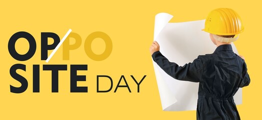 Banner for Opposite Day with little engineer on yellow background