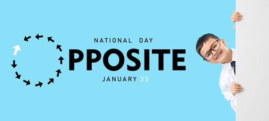 Banner for Opposite Day with little office worker on blue background