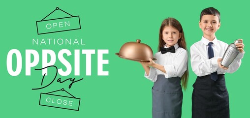 Banner for Opposite Day with little waiters on green background