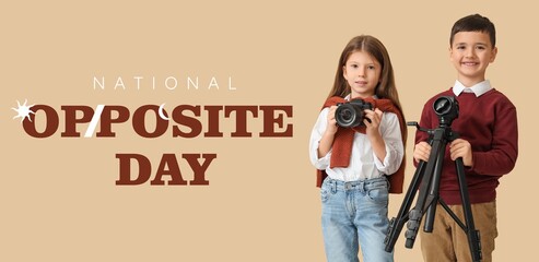 Banner for Opposite Day with little photographers on beige background