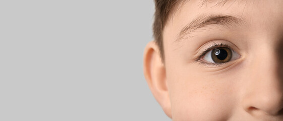 Little boy with brown eyes on grey, closeup. Banner for design