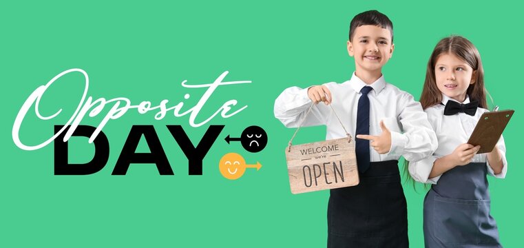 Banner for Opposite Day with little waiters on green background