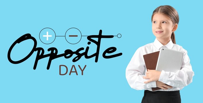 Banner for Opposite Day with little office worker on blue background