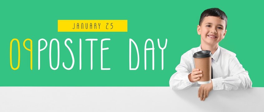 Banner for Opposite Day with little barista on green background