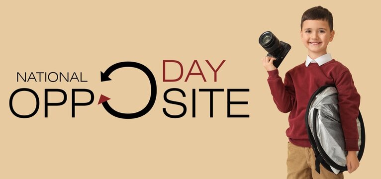 Banner for Opposite Day with little photographer on beige background