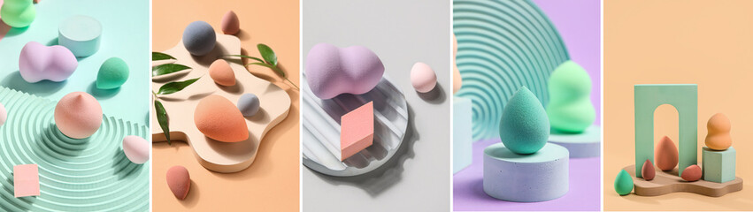 Collage of makeup sponges on color background