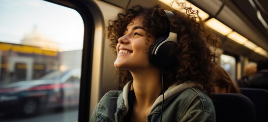 Young woman enjoying music on headphones during commute. Urban lifestyle and technology.