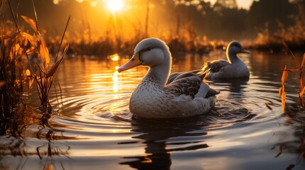 Ducks swimming on the lake in the rays of the setting sun