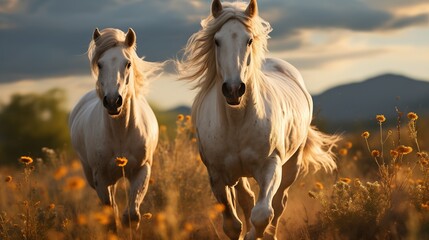 Beautiful white horses run gallop in the meadow at sunset - obrazy, fototapety, plakaty