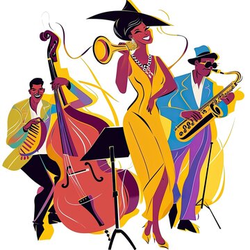 Illustration of jazz musicians, singer in the center, white background. Banner, Poster,