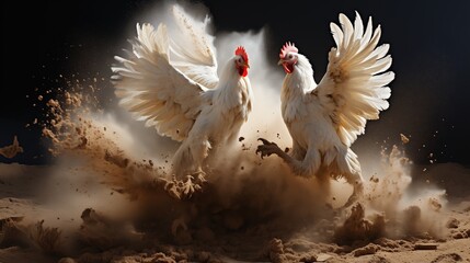 Two white roosters fighting in the dust - obrazy, fototapety, plakaty