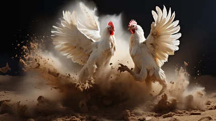 Rolgordijnen Two white roosters fighting in the dust © zenith
