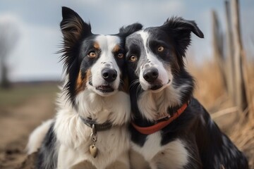 two dogs hugging together for a walk. Pets in nature. Cute border collie in a field in colors. St. Valentine's Day. Generative AI