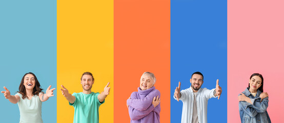 Collage of people embracing themselves and with open arms on color background