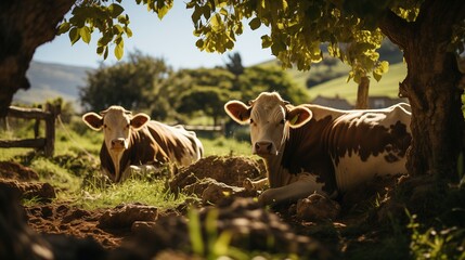 Herd of cows grazing in a field on a sunny day