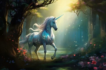a mythical horse with a horn in a magical woodland. Generative AI