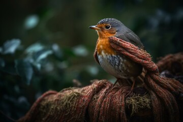 Adorable avian clutching a worm and wearing orange scarf, perched amidst lush woodland. Generative AI
