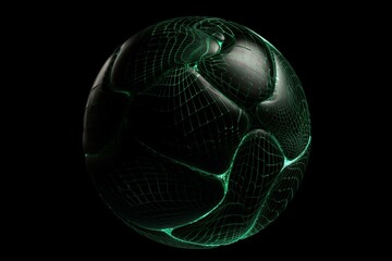 Black-green football with geometric grid wave on black background, representing sports technology, strategic ideas, and intellectual analysis. Generative AI