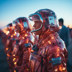 A group of people wearing futuristic technology spacesuits in the desert at sunset