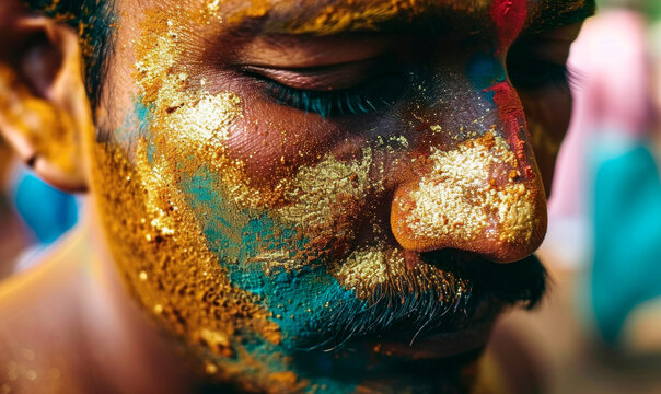 Macro shot of texture and shimmer of golden and teal Holi powders on an indian man face