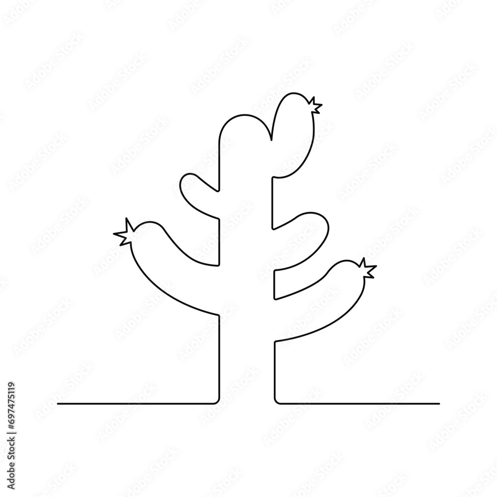 Fototapete continuous cactus one-line vector drawing and outline-style single-line illustration art