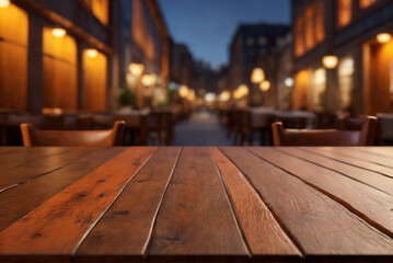都会的な夜景のレストランと木のテーブル.generative AI