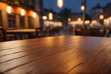 都会的な夜景のレストランと木のテーブル.generative AI - obrazy, fototapety, plakaty