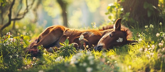 Spring meadow with a tiny chestnut foal sleeping on the grass outside.