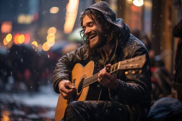 photograph of A homeless man wearing a hoodie happily plays guitar on a pedestrian street amidst...