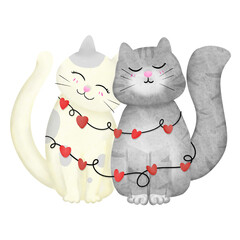Two cats with string hearts on transparent background