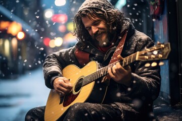 photograph of A homeless man wearing a hoodie happily plays guitar on a pedestrian street amidst passersby while snow falls - obrazy, fototapety, plakaty