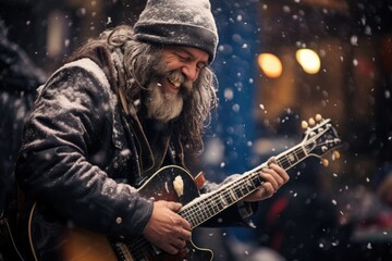 photograph of A homeless man wearing a hoodie happily plays guitar on a pedestrian street amidst passersby while snow falls