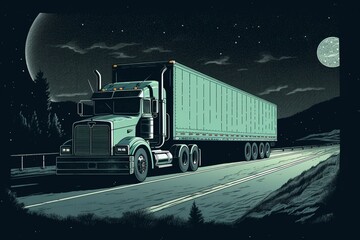 Illustration of a truck driving on a nighttime highway. Generative AI