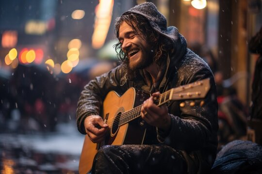 photograph of A homeless man wearing a hoodie happily plays guitar on a pedestrian street amidst passersby while snow falls