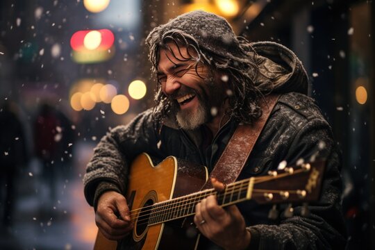 photograph of A homeless man wearing a hoodie happily plays guitar on a pedestrian street amidst passersby while snow falls